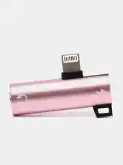 Розовый переходник разветвитель для зарядки и наушников Lighning для устройств Apple iPhone