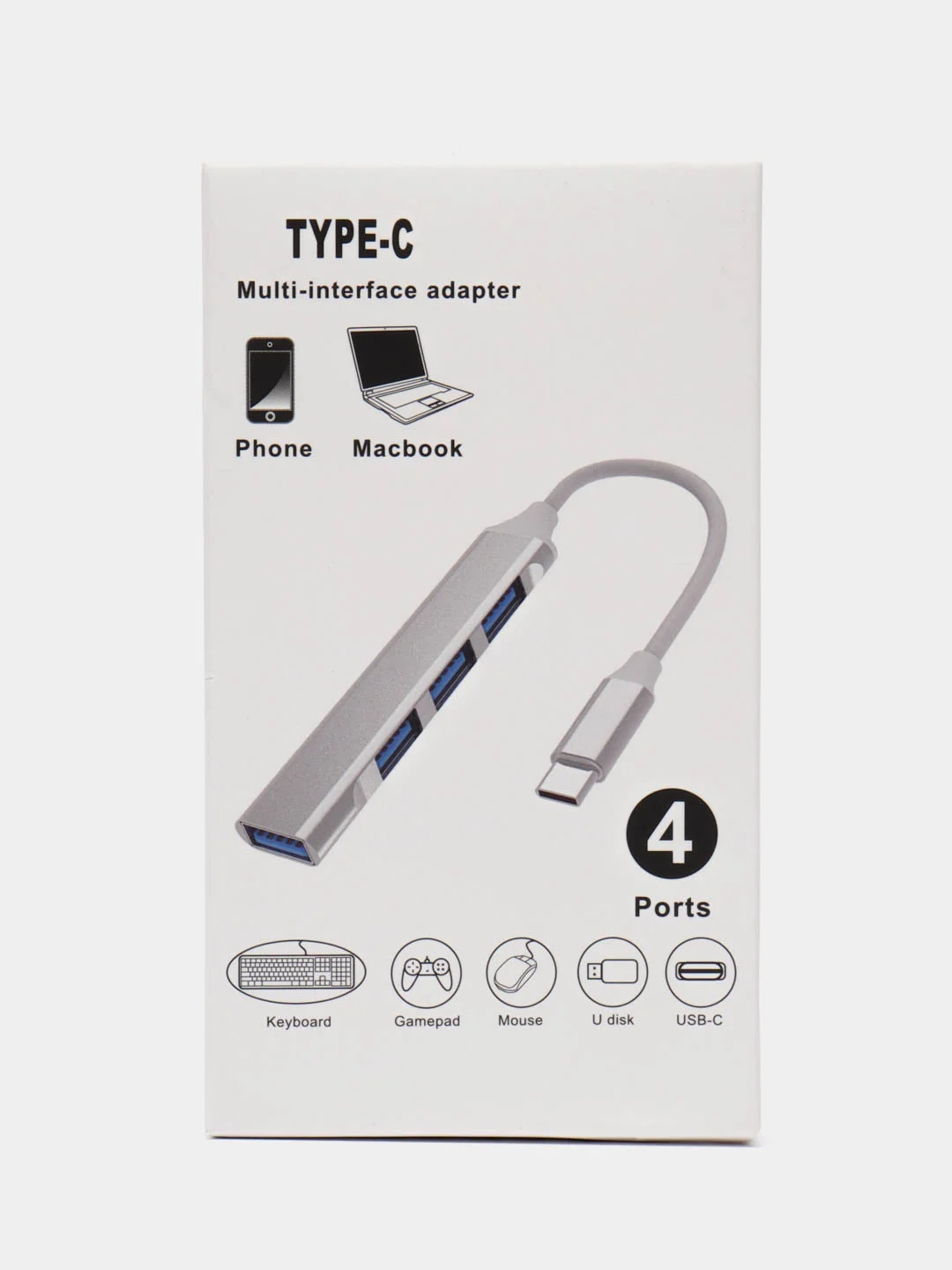 Серебряный хаб Type-C на USB, USB на 4 порта USB, 4 х USB, для Macbook (Макбука)