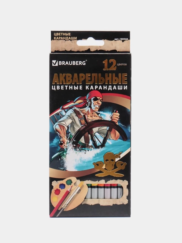 Карандаши цветные акварельные BRAUBERG "Корсары", 12 цветов заточенные картонная уп 180566
