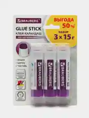 Клей-карандаш обесцвечивающийся BRAUBERG 15 г, 3 штуки на блистере, 229473