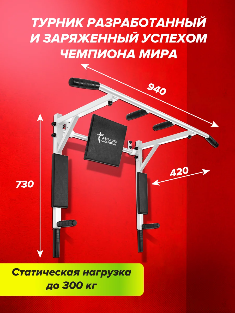 Турник Absolute Champion Триумф Лайт, 300 кг, 3 в 1, белый с черными ручками, усиленный