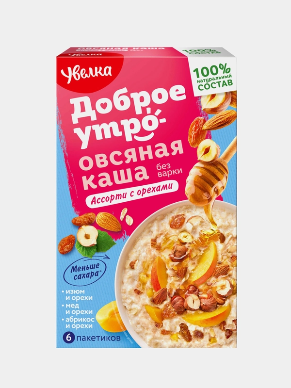 Каша овсяная быстрого приготовления Увелка "Ассорти с орехами", 6 х 40 г