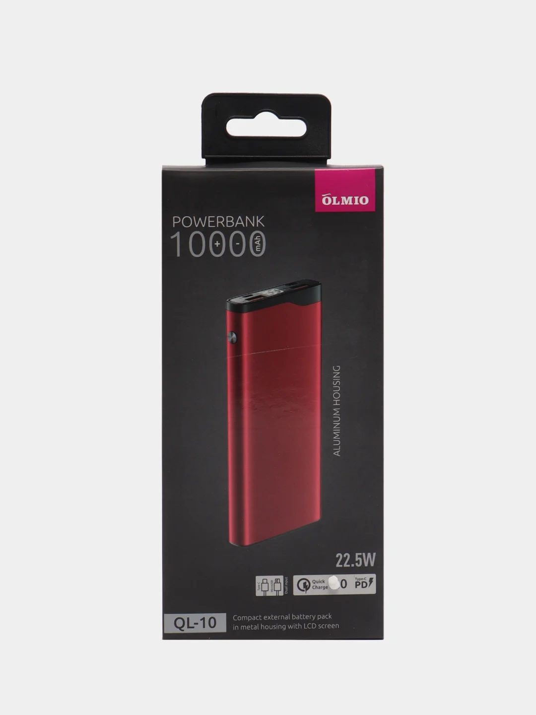 Красный внешний аккумулятор Olmio QL-10, 10000 mAh, 22.5 W, QuickCharge 3.0