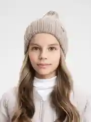 Бежевый детская вязаная шапка Kid, тыковка-луковка с отворотом для девочек