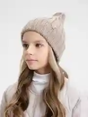 Бежевый детская вязаная шапка Kid, тыковка-луковка с отворотом для девочек