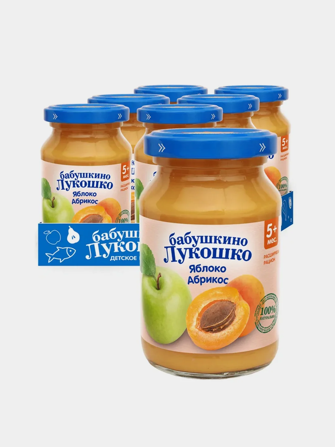 Пюре фруктовое Бабушкино Лукошко, яблоко, абрикос, с 5 месяцев, 6 штук по 190 г