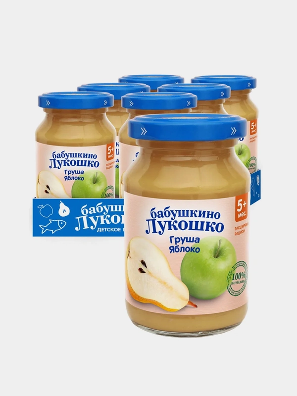 Пюре фруктовое Бабушкино Лукошко, с грушей и яблоком, с 5 месяцев, 6 штук по 190 г