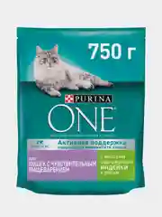 Сухой корм Purina One для кошек с чувствительным пищеварением, индейка и рис, 750 г