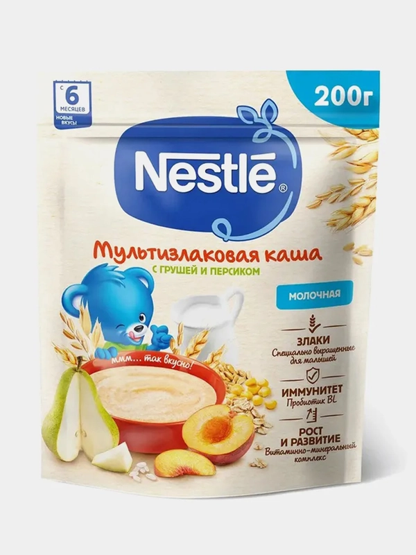 Каша детская NESTLE молочная злаковая с грушей и персиком, с 6 мес, дой-пак, 200 г