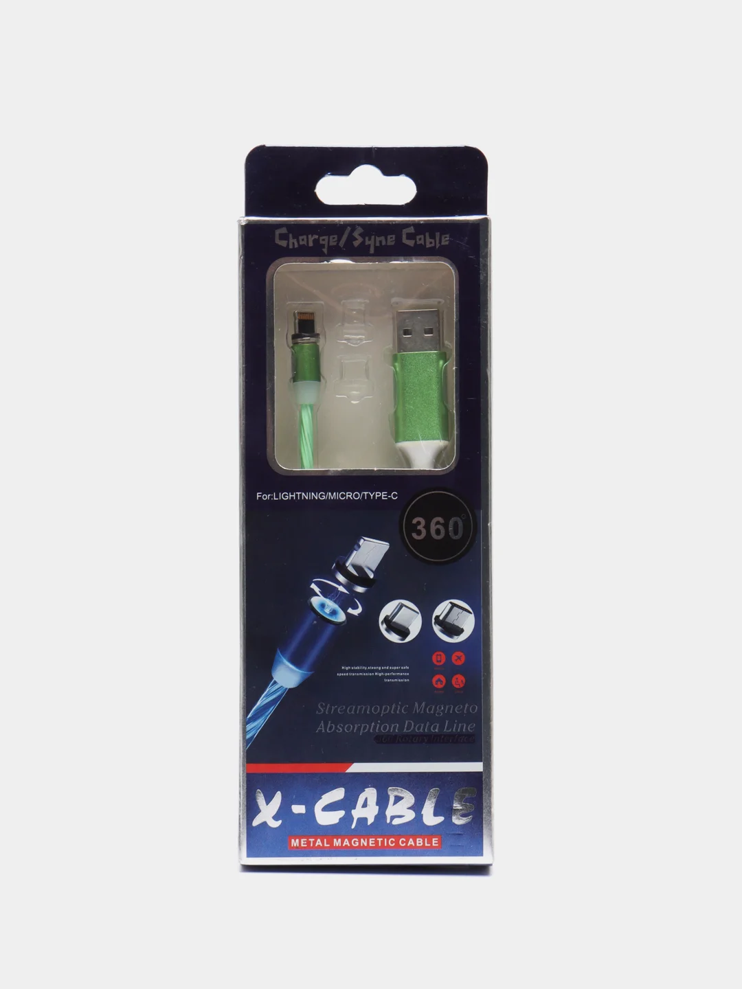 Зеленый кабель магнитный светящийся micro-USB, Lightning, Type-C, 2.1А, Android, iPhone