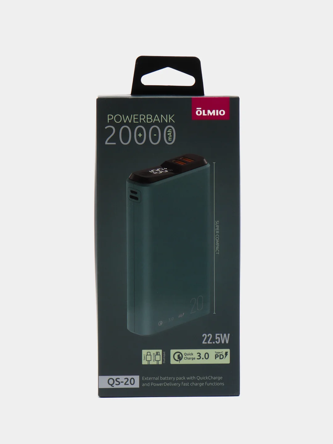 Зеленый внешний аккумулятор Olmio QS-20, 20000 mAh, с быстрой зарядкой