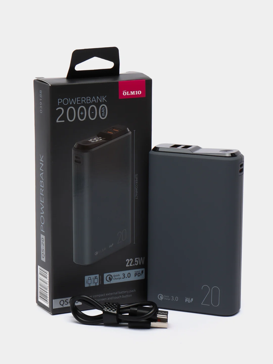 Зеленый внешний аккумулятор Olmio QS-20, 20000 mAh, с быстрой зарядкой