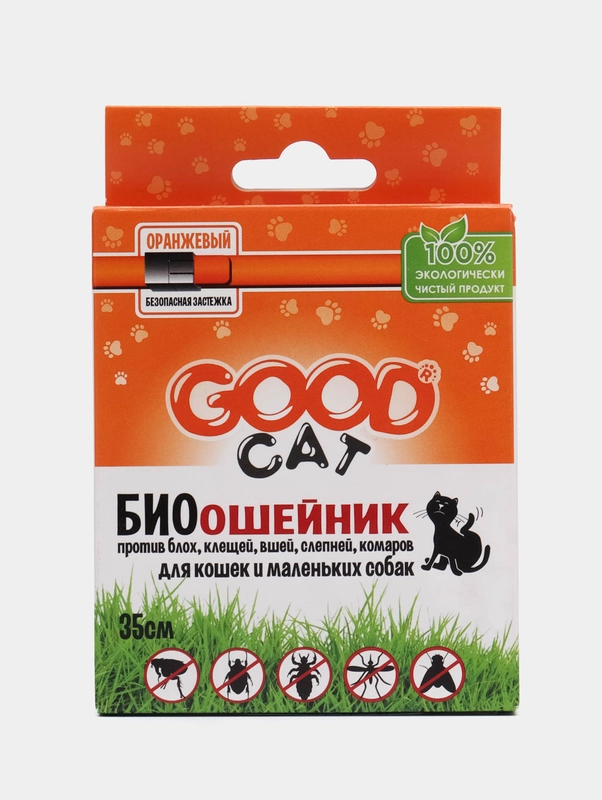 Ошейник от блох и клещей для кошек и мелких пород собак оранжевый, Good Cat, 35 см