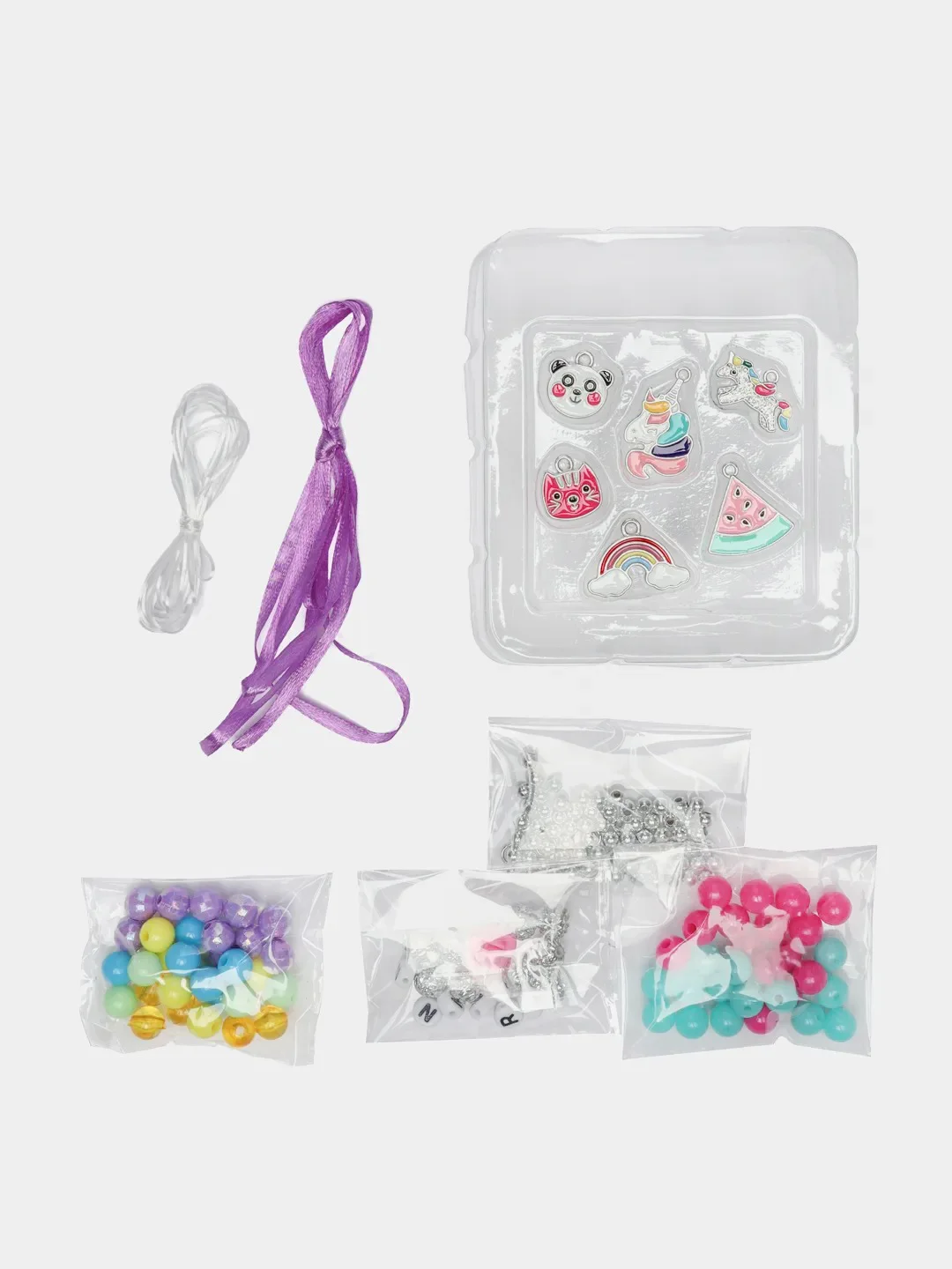 Набор Beads Set для творчества Единороги, 150 бусин, 6 метал. шармов, резинка, Brauberg