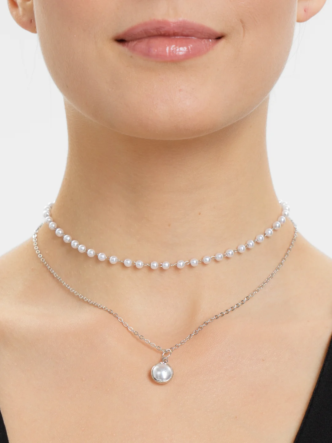Серебряный двойная цепочка женская, с искусственным жемчугом