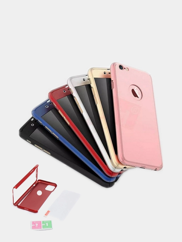 Чехол 360 + защитное стекло на iPhone 5s 6, 7, 8, SE, 20, X, XS, XR, 11, Pro, Max, 12