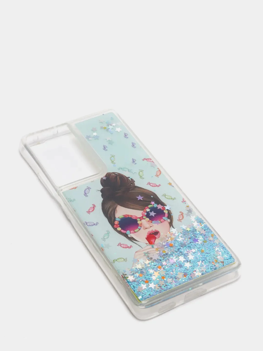Голубой чехол силиконовый жидкий с блестками Samsung S21 Plus + Ultra