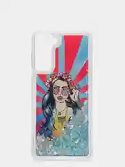 Темно-синий чехол силиконовый жидкий с блестками Samsung S21 Plus + Ultra