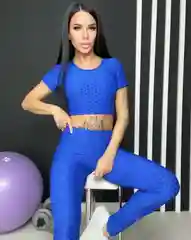 Синий спортивный костюм для фитнеса с лосинами