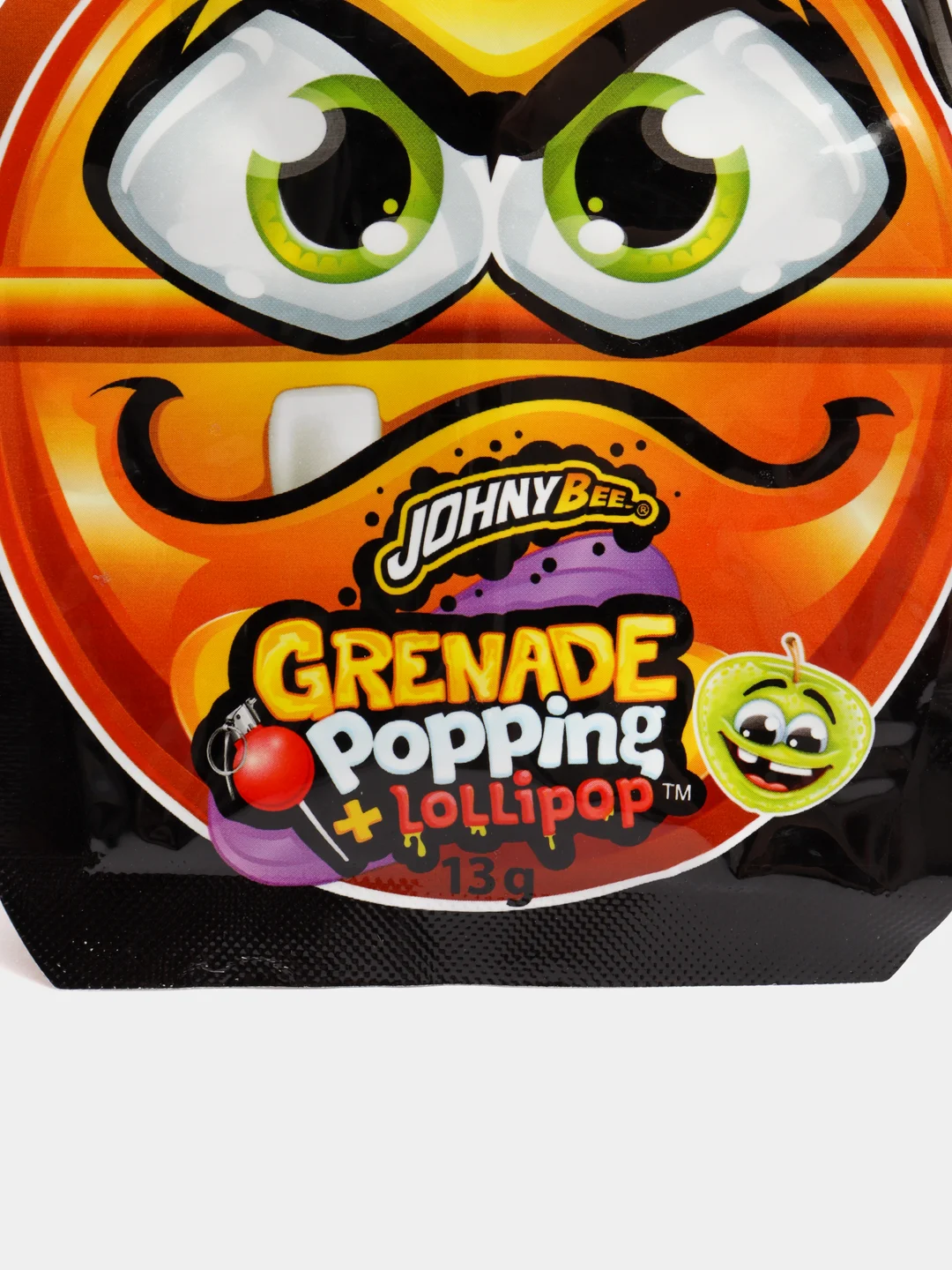 Зеленый леденец на палочке с шипучей карамелью Johny Bee Grenade, 13 г