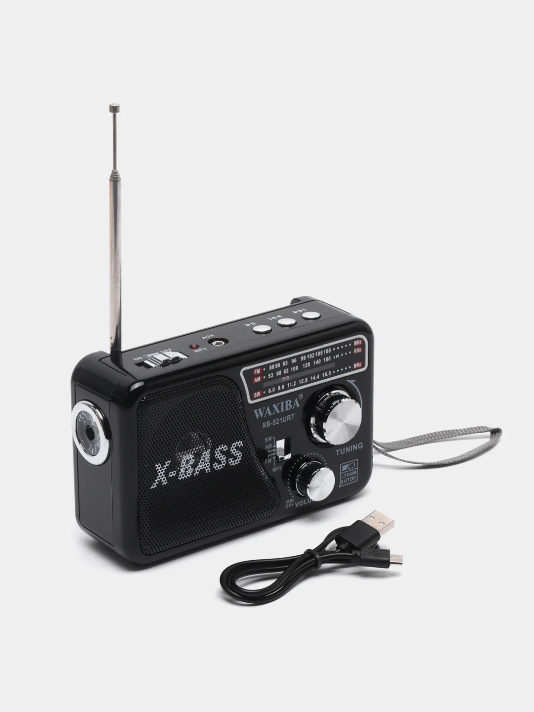 Черный радио с фонарем 521 и mp3-плеером, AM/FM, USB, SD
