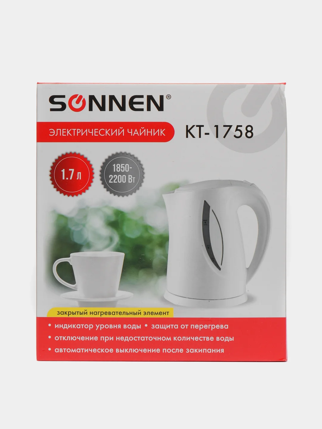 Чайник SONNEN KT-1758, 1,7л, 2200Вт, закрытый нагревательный элемент, пластик, белый