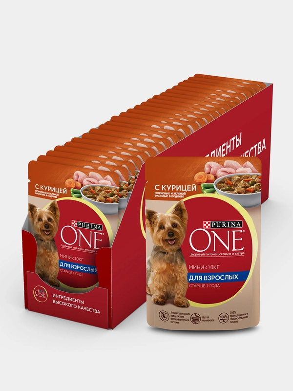 Влажный корм для собак Purina ONE Мини, курица, морковь и зеленая фасоль, 85 г, 26 штук