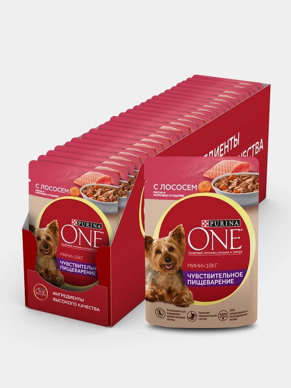 Влажный корм для собак Purina ONE Мини Чувствительное пищеварение, лосось, 85 г, 26 штук
