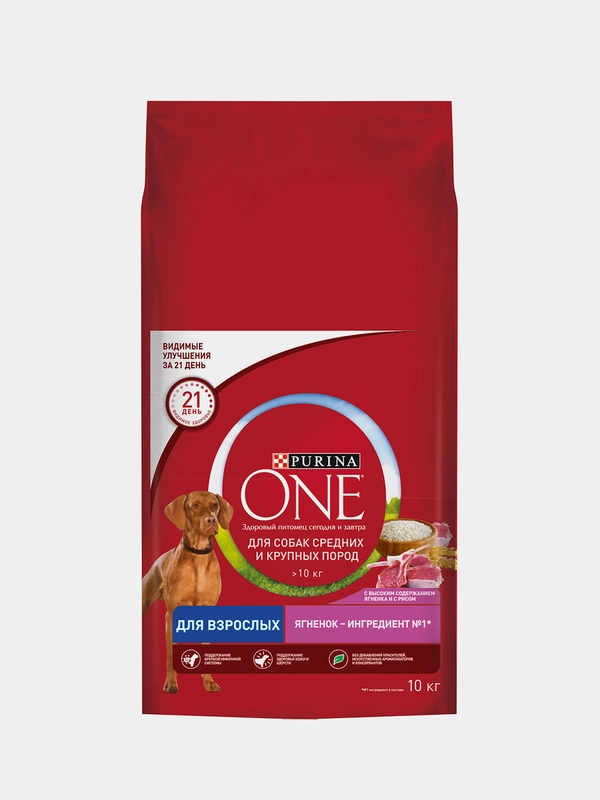 Сухой корм Purina ONE для взрослых собак средних и крупных пород, с ягненком и рисом, 10кг