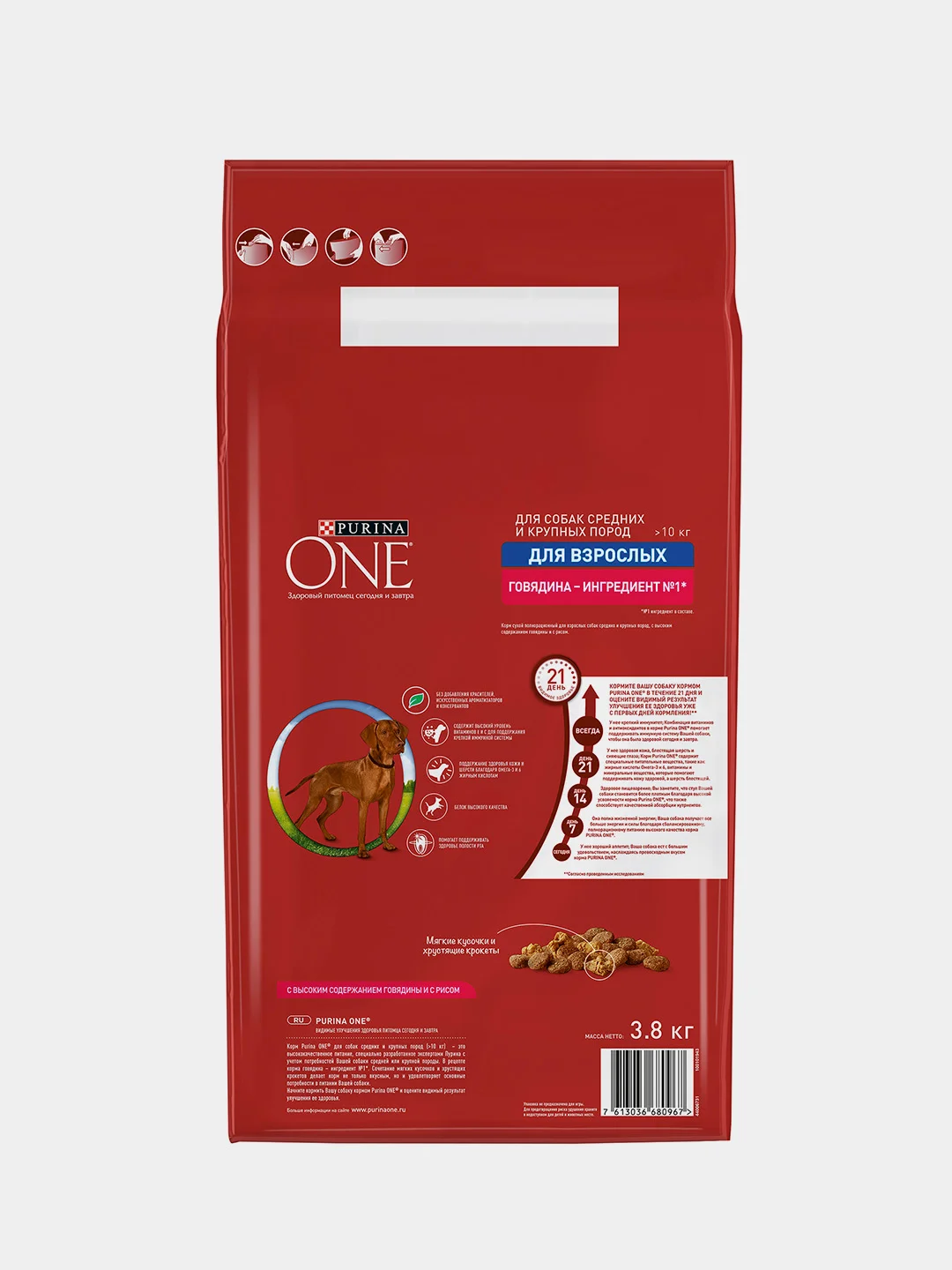 Сухой корм для собак Purina ONE для средних и крупных пород, с говядиной и рисом, 3,8 кг