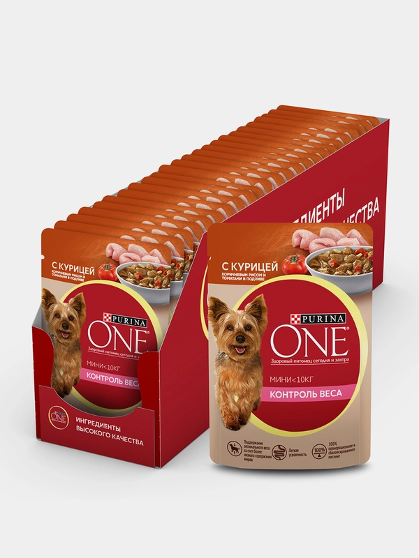 Влажный корм для собак Purina ONE "Контроль веса", с курицей и рисом, мини, 26 штук по 85г