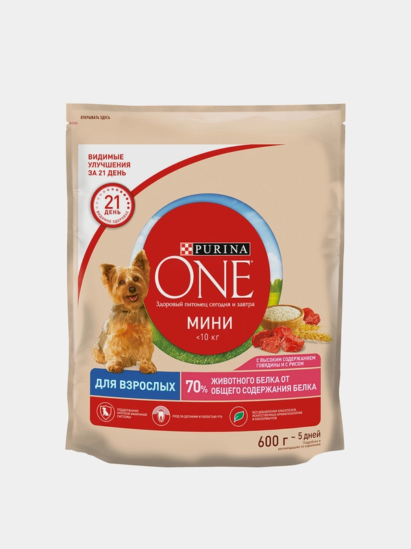 Сухой корм Purina ONE для собак мелких пород с активным образом жизни, говядина и рис 600г