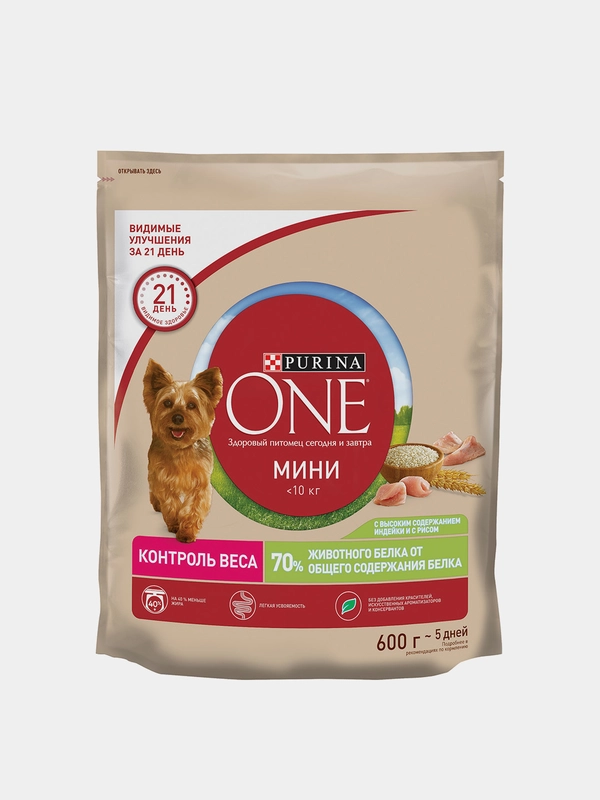Сухой корм Purina ONE МИНИ "Контроль веса", для собак, индейка и рис, 600 г