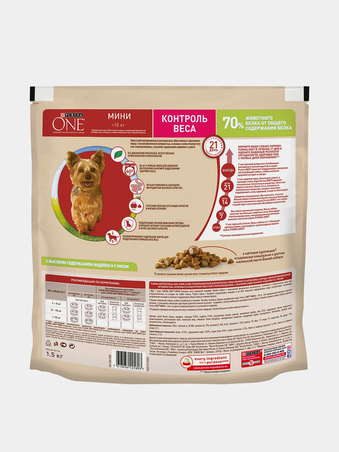 Сухой корм для собак Purina ONE МИНИ "Здоровый вес", с индейкой, 1,5 кг