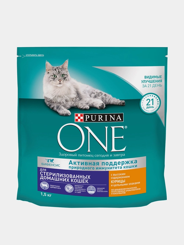 Сухой корм Purina ONE для стерилизованных кошек, курица и злаки, 1,5 кг