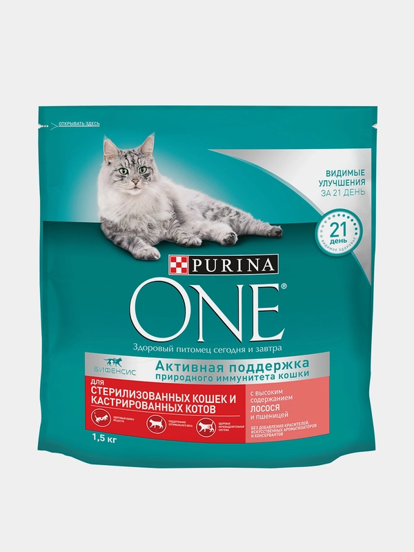 Сухой корм Purina ONE для стерилизованных кошек, с лососем и пшеницей, 1,5 кг