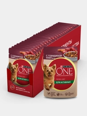 Влажный корм Purina ONE Мини, для активных собак, с говядиной, 26 штук по 85 г