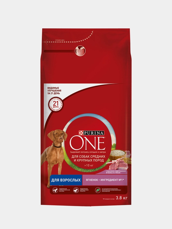 Сухой корм Purina ONE, для собак средних и крупных пород, с ягненком и рисом, 3,8 кг