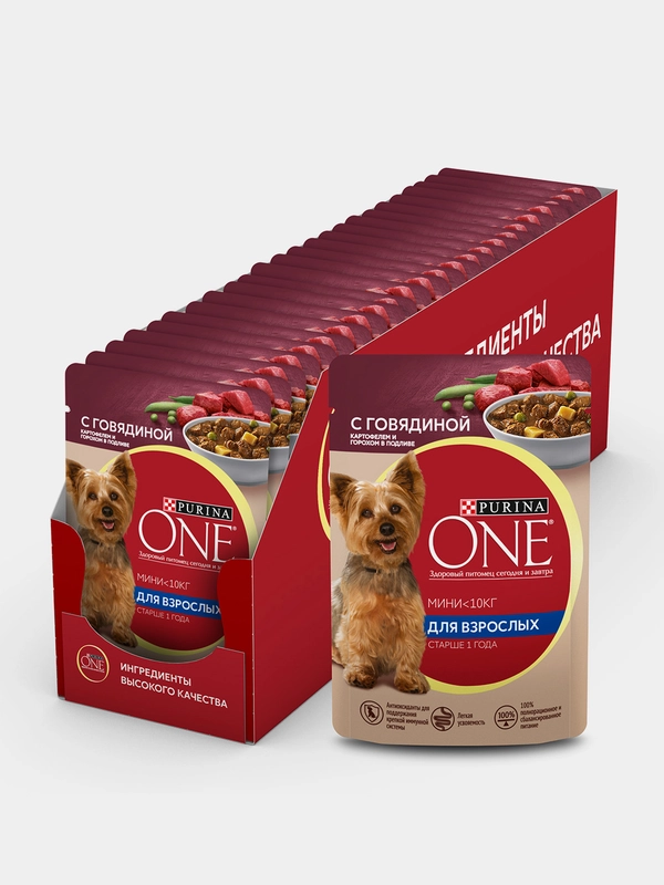 Влажный корм для собак Purina ONE Мини, с говядиной, картофелем и горохом, 26 штук х 85 г