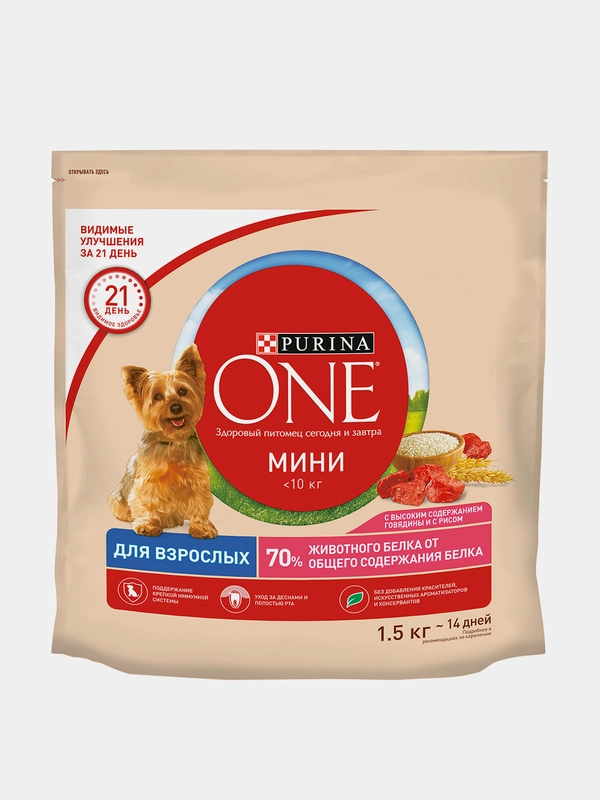 Сухой корм Purina ONE, для собак мелких и карликовых пород, с говядиной и рисом, 1,5 кг