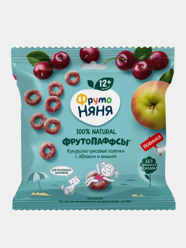 Кукурузно-рисовые колечки ФрутоНяня ФРУТОПАФФС, с яблоком и вишней, с 12 месяцев, 21 г