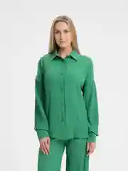 Зеленый костюм двойка женский, с рубашкой и брюками палаццо