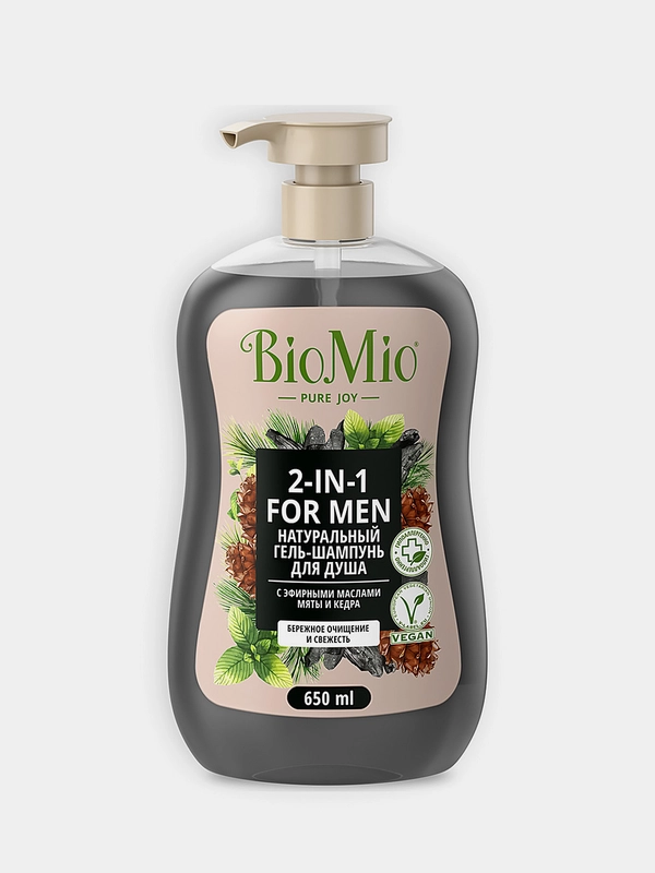 BioMio BIO SHOWER BODY&HAIR GEL Мята и кедр. Гель-шампунь мужской для душа 650 мл