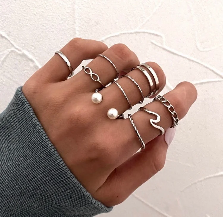 Серебряный набор металлических колец, 10 штук
