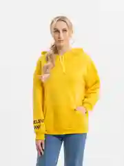 Желтый худи утепленное, с вышивкой на рукаве, с капюшоном, оверсайз