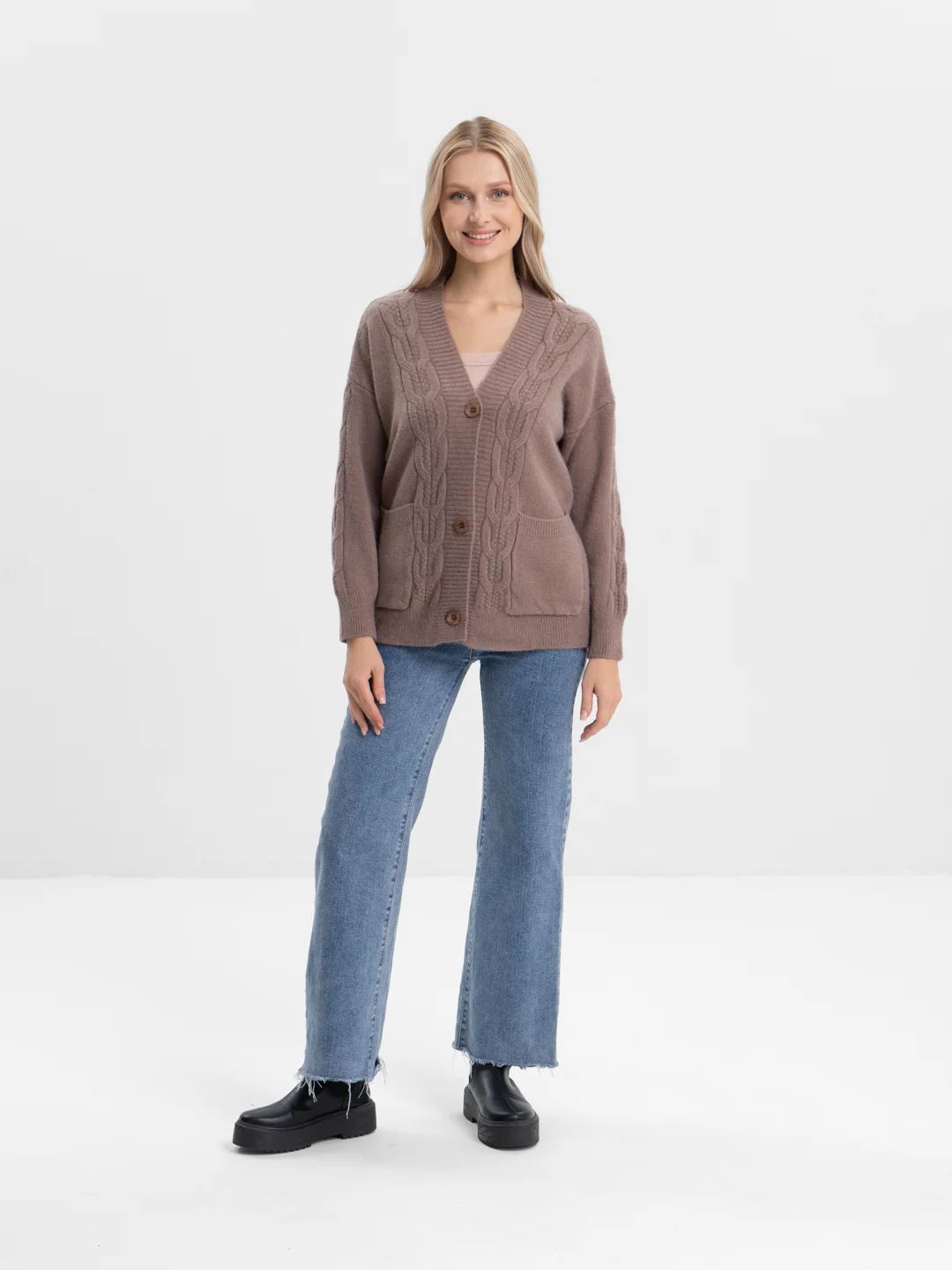 Бежевый меланж женский кардиган вязаный, oversize