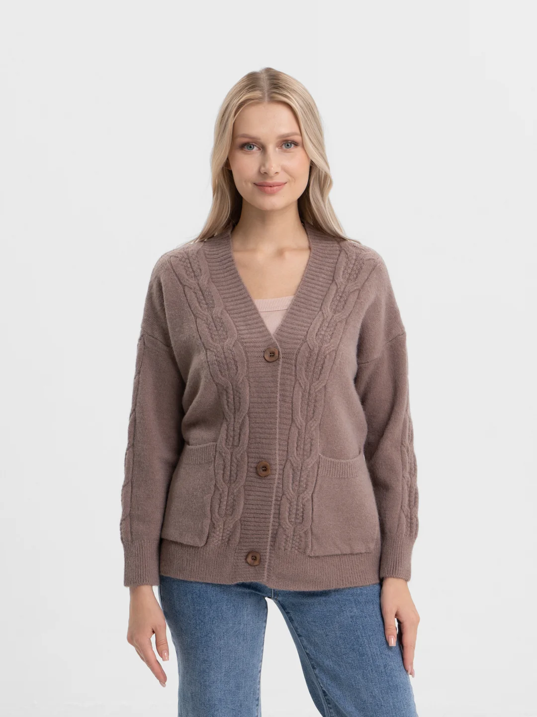 Бежевый меланж женский кардиган вязаный, oversize