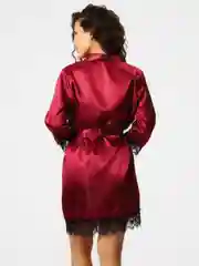 Бордовый женский домашний атласный комплект пеньюар с кружевом, 4 в 1