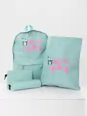 Зеленый рюкзак женский текстильный, набор из четырёх предметов