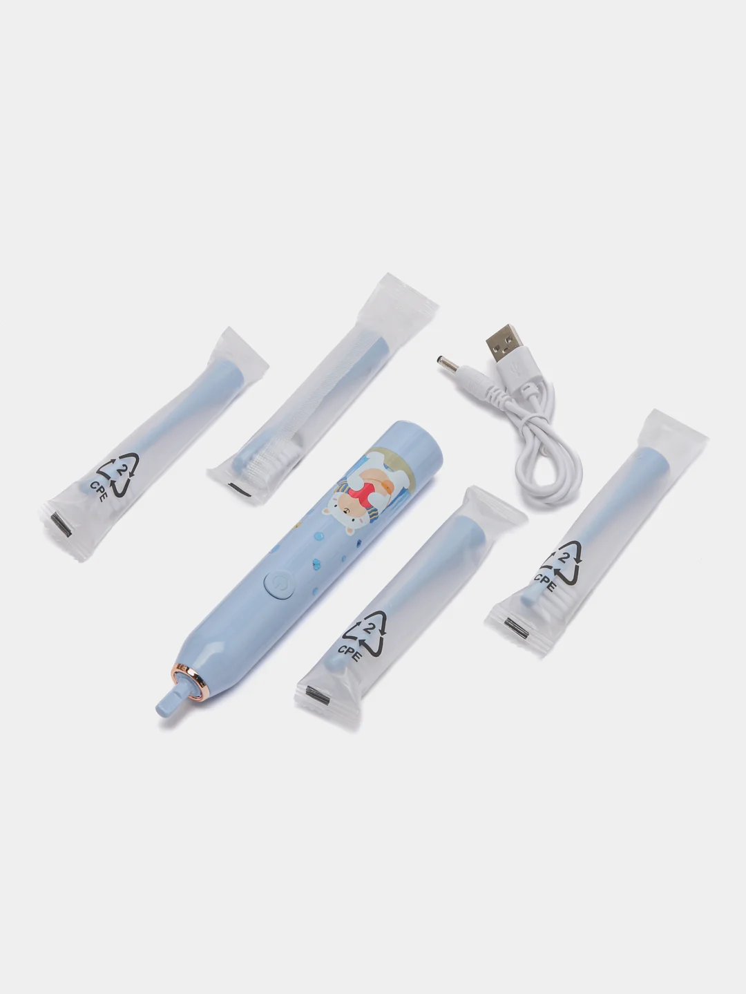 Голубой электрическая детская зубная щетка, USB-зарядка, 4 насадки